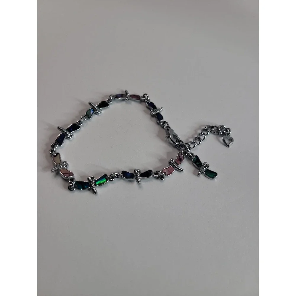 Silver Tone Multi Color Dragonfly Link Bracelet Nature Colorful Boho